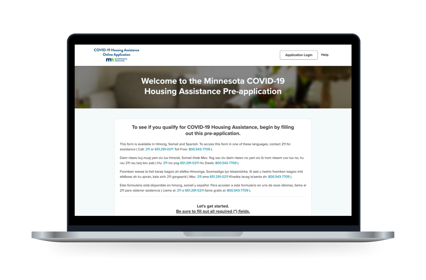 The MN COVID-19 Housing Assistance app displayed on a laptop
