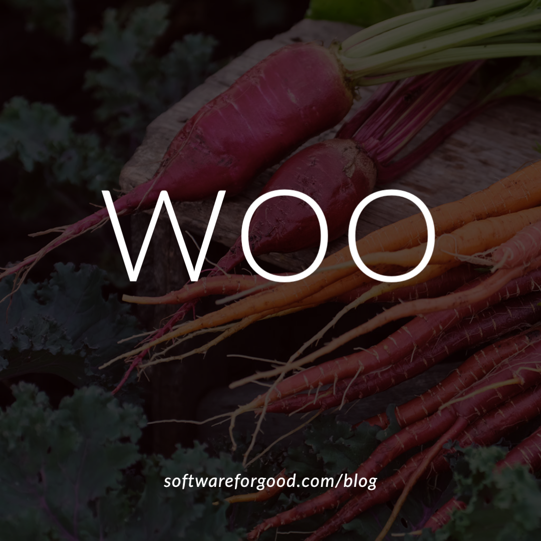 Image of carrots and kale, with text: Woo. softwareforgood.com/blog.